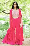 Buy_Salt and Spring_Pink Georgette Embroidered Mirror Square Neck Flared Sharara Set With Cape _at_Aza_Fashions