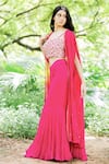 Salt and Spring_Pink Georgette Embroidered Mirror Square Neck Flared Sharara Set With Cape _Online_at_Aza_Fashions