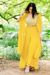 Buy_Salt and Spring_Yellow Georgette Embroidered Mirror Square Neck Flared Sharara Set With Cape _at_Aza_Fashions