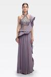 Buy_Gaurav Gupta_Purple Silk Georgette Pre-draped Ruffle Saree Gown_at_Aza_Fashions