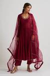 Buy_Dot_Maroon Organza, Chanderi, Cotton Silk Round Anarkali Set _at_Aza_Fashions