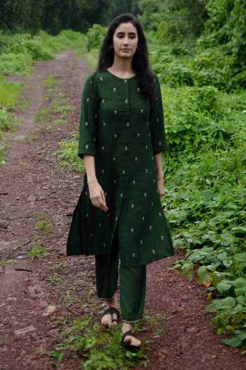 Buy_Dot_Green Zari French Knot Round Kurta And Pant Set _at_Aza_Fashions