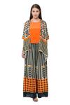 So Us By Sougatpaul_Beige Muslin Slub Round Printed Jacket And Palazzo Set  _Online_at_Aza_Fashions
