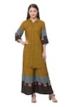 Buy_SO US by Sougatpaul_Yellow Muslin Slub Shirt Collar Printed Kurta And Palazzo Set  _at_Aza_Fashions