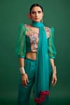 Apeksha Jain Label Blue Silk Satin Printed Floral V Neck Pant And Crop Top Set Online at Aza Fashions Apeksha Jain Label_Blue Silk Satin Printed Floral V Neck Pant And Crop Top Set _Online_at_Aza_Fashions