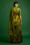 Shop Apeksha Jain Label Green Silk Satin V Neck Pre-draped Ruffle Saree With Blouse at Aza Fashions Shop_Apeksha Jain Label_Green Silk Satin V Neck Pre-draped Ruffle Saree With Blouse _at_Aza_Fashions