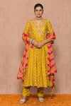 Buy_Surbhi shah_Yellow Cotton Bandhej Print Angrakha Anarkali Set_at_Aza_Fashions