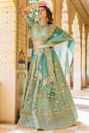 Shop_Surbhi Shah_Blue Pure Raw Silk Embroidered Floral Motifs V Neck Bridal Lehenga Set _at_Aza_Fashions