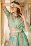 Shop_Surbhi Shah_Blue Pure Raw Silk Embroidered Floral Motifs V Neck Bridal Lehenga Set _Online_at_Aza_Fashions