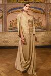 Buy_Surbhi shah_Beige Satin Organza Embroidered Cape And Draped Skirt Set_at_Aza_Fashions
