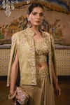 Surbhi Shah_Beige Satin Organza Embroidered Sequins Cape Front Open And Draped Skirt Set _Online_at_Aza_Fashions