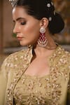 Surbhi Shah_Beige Satin Organza Embroidered Sequins Cape Front Open And Draped Skirt Set _at_Aza_Fashions