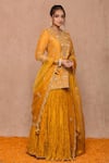 Buy_Surbhi Shah_Yellow Cotton Embroidered Zardozi Work Round Notched Bandhej Kurta Lehenga Set _Online_at_Aza_Fashions