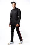 Buy_MR. Ajay Kumar_Black Cotton Satin Safari Shirt And Pant Set With Side Trims _at_Aza_Fashions