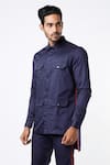 MR. Ajay Kumar_Navy Cotton Satin Multi Pocket Safari Shirt And Pant Set _Online_at_Aza_Fashions