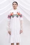 Shop_MR. Ajay Kumar_White Cotton Floral Motifs Shirt Band Collar Printed Dress _Online_at_Aza_Fashions