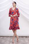 Buy_MR. Ajay Kumar_Red Cotton Floral Motifs V Neck Printed Wrap Dress _at_Aza_Fashions