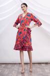 Buy_MR. Ajay Kumar_Red Cotton Floral Motifs V Neck Printed Wrap Dress _Online_at_Aza_Fashions