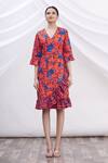 Shop_MR. Ajay Kumar_Red Cotton Floral Motifs V Neck Printed Wrap Dress _Online_at_Aza_Fashions