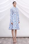 MR. Ajay Kumar_White Cotton Floral Motifs Shirt Band Collar Printed Dress _Online_at_Aza_Fashions