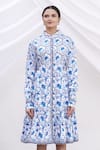 Shop_MR. Ajay Kumar_White Cotton Floral Motifs Shirt Band Collar Printed Dress _Online_at_Aza_Fashions