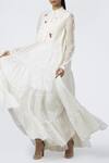 Buy_House of Three_White Jamdani Mandarin Collar Cotton Banarasi Maxi Dress  _Online_at_Aza_Fashions