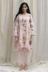 Buy_Shivani Bhargava_Pink Linen Cotton Round Printed Asymmetric Kurta _Online_at_Aza_Fashions