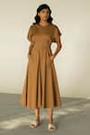 Buy_Cord_Brown Cotton Satin Round Midi Dress _at_Aza_Fashions