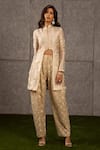 Siddartha Tytler_Beige Organza, Lame Mandarin Collar Floral Applique Jacket  _Online_at_Aza_Fashions