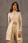 Buy_Siddartha Tytler_Beige Organza, Lame Mandarin Collar Floral Applique Jacket  _at_Aza_Fashions