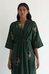 Cord_Green Cotton Satin V Neck Embroidered Kaftan _Online_at_Aza_Fashions