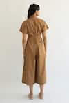 Shop_Cord_Brown Cotton Satin Notched Collar Pleated Jumpsuit _at_Aza_Fashions