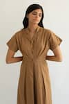 Buy_Cord_Brown Cotton Satin Notched Collar Pleated Jumpsuit _Online_at_Aza_Fashions