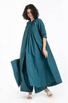 THREE_Green 100% Cotton Poplin Band Collar Long Shirt Tunic With High Slits _Online_at_Aza_Fashions