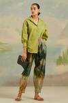 Buy_Cord_Green Cotton Poplin Plain Shirt Collar Safari Puffed Sleeve _at_Aza_Fashions