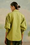 Shop_Cord_Green Cotton Poplin Plain Shirt Collar Safari Puffed Sleeve _at_Aza_Fashions