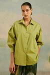 Cord_Green Cotton Poplin Plain Shirt Collar Safari Puffed Sleeve _Online_at_Aza_Fashions