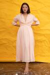 Suman Nathwani_Peach Cotton Muslin Silk Blend Embroidered Midi Dress_Online_at_Aza_Fashions