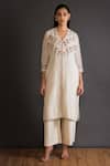 Buy_Shikha Mehta_White Chanderi V Neck Kurta And Pant Set _at_Aza_Fashions
