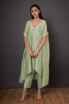 Shikha Mehta_Green Chanderi, Mulmul V Neck Kurta And Pant Set _Online_at_Aza_Fashions