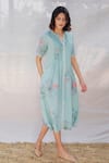 Arcvsh by Pallavi Singh_Blue Linen Round Printed Dress _Online_at_Aza_Fashions