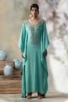 Buy_ISHA & SHREYA_Blue Silk Crepe Embroidery V Neck Kaftan _Online_at_Aza_Fashions
