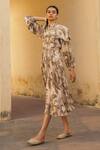 Buy_Cord_Beige Cotton Moss High Neck Palm Print Ruffle Dress_at_Aza_Fashions