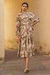 Cord_Beige Cotton Moss High Neck Palm Print Ruffle Dress_Online_at_Aza_Fashions