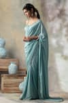 ISHA & SHREYA_Blue Crepe Embroidery Sweetheart Neck Cutwork Saree With Bustier_Online_at_Aza_Fashions