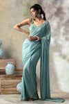 Buy_ISHA & SHREYA_Blue Crepe Embroidery Sweetheart Neck Cutwork Saree With Bustier_Online_at_Aza_Fashions