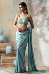 Shop_ISHA & SHREYA_Blue Crepe Embroidery Sweetheart Neck Cutwork Saree With Bustier_Online_at_Aza_Fashions