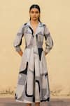 Buy_Cord_Grey Poplin Lapel Collar Marble Print Trench Dress _Online_at_Aza_Fashions