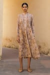 Buy_Cord_Beige Cotton Band Collar Floral Print A-line Dress_at_Aza_Fashions