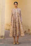 Cord_Beige Cotton Band Collar Floral Print A-line Dress_Online_at_Aza_Fashions